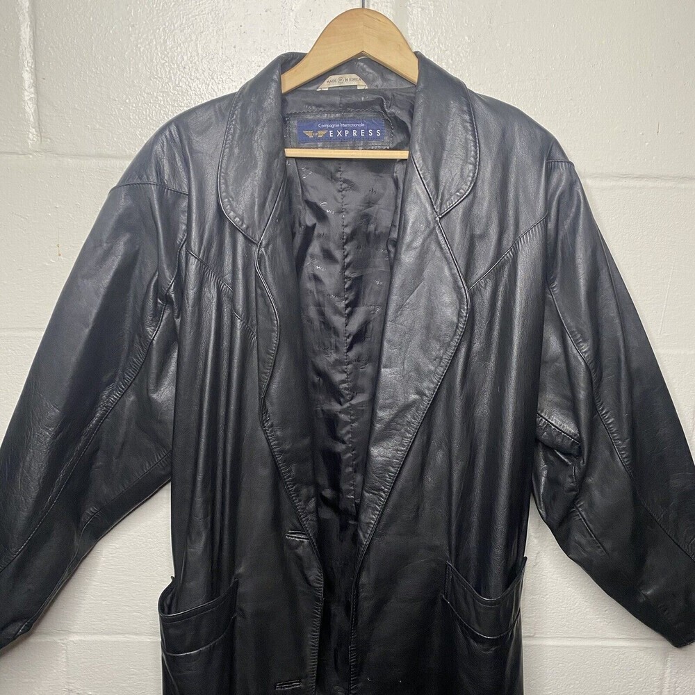 Vtg 80s EXPRESS Black Over Coat Long Trench Leather Jacket SZ ? Large Women - Picture 2 of 14